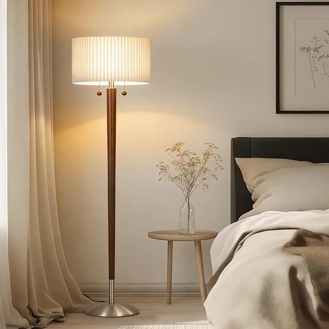 2-Lights Wood Floor Lamp with Pull Chains Dual Switch, Mid-Century Modern Corner Lamp with Pleated Shade, Standing Lamp for Living Room, Bedroom, Office, Reading Room, Dark Walnut Finish