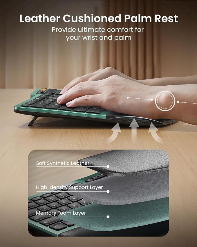 ProtoArc Backlit Bluetooth Ergonomic Keyboard, EK01 Plus Full Size Wireless Split Keyboard with Dual Bluetooth and USB, Cushioned Wrist Rest, Rechargeable, Compatible with Windows/Mac/Android, Green