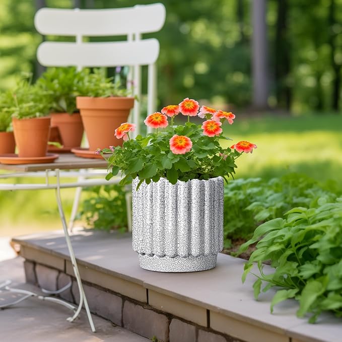 Ceramicfor Ceramic Flower Pot, 9.6 Inch, Black and White | Indoor Planter, Drainage Hole, Fluted Round Design, Large Planter Outdoor, Living Room Decor