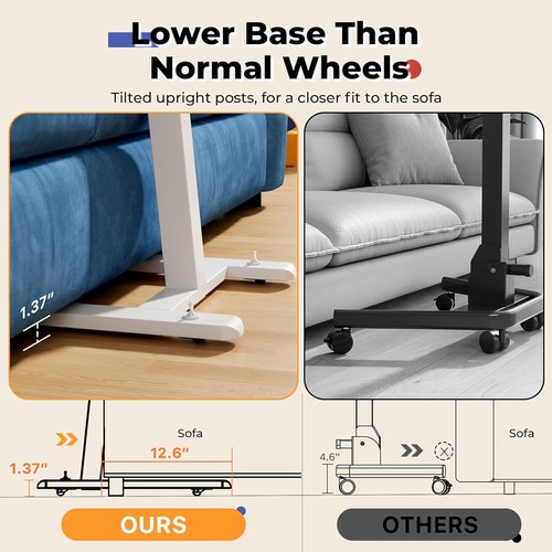 JOY Worker Low Height Mobile Standing Desk - Adjustable TV Tray Table with Foldable MDF Top, White