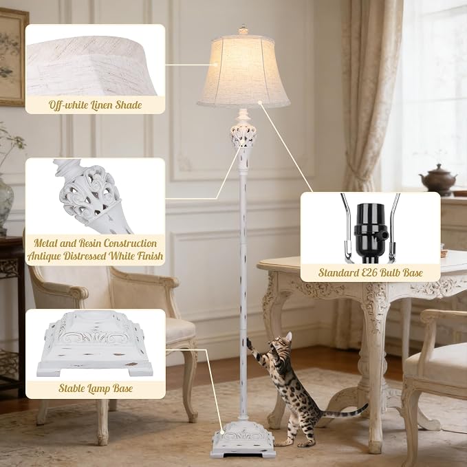 Sucolite Vintage Floor Lamp for Living Room, Traditional Farmhouse Tall Standing Lamp, Mid-Century Antique Pole Lamp for Bedroom Reading with Off-White Linen Shade, Rustic Lighting Home Decor
