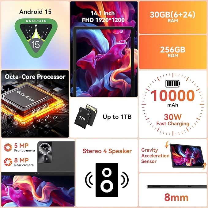 URAO Tablet｜14 inch Android 15 Tablet｜30GB RAM 256GB ROM｜1920 * 1200 IPS FHD｜10000mAh 30W Fast Charging｜Octa-core Processor｜Wi-Fi 6, BT 5.4｜Dual Camera with Keyboard｜Mouse｜Stylus｜Case｜Headphone
