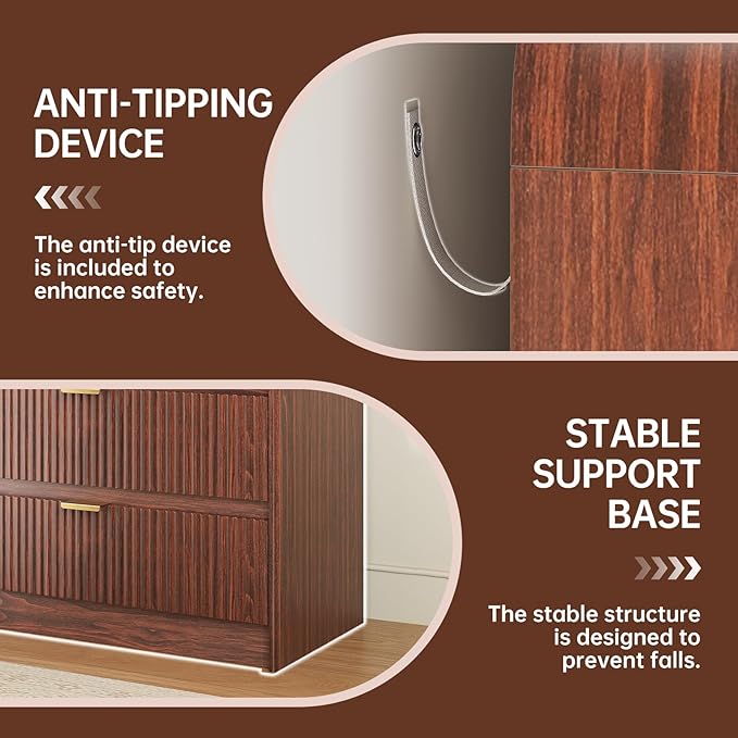 FURSUN Fluted 6 Drawers Dresser for Bedroom, 54" Wide Wooden Dresser with Metal Handle, Curved Profile Design, Modern Storage Organizer for Bedroom, Hallway (Walnut)