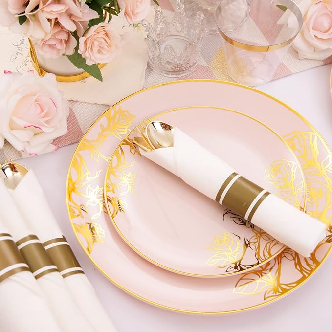 DaYammi 210Pcs Pink Gold Plastic Plates Floral Plates,Pink Disposable Dinnerware Set Includes 60 pink Plate,30 gold Plastic Silverware,30 Per Rolled Napkins,30 plastic Cups,Christmas plates for Party