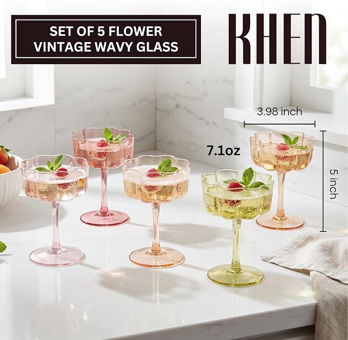 Summer Flower Scalloped Vintage Wavy Petals Wave Glass Coupes 7oz Colorful Martini, Champagne & Cocktails, 5 Set Colored Rippled Champagne Glasses, Elegant Bar Glassware, Aesthetic Coupe Glassware