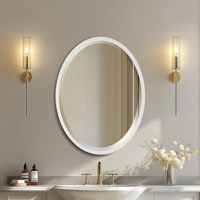 OVALCREST - Oval Wooden Beveled Wall Mirror for Home Decor, Bathroom, Vanity, Bedroom, Living Room, Hallway - London Style (Linen White) 25.1 x 19.1