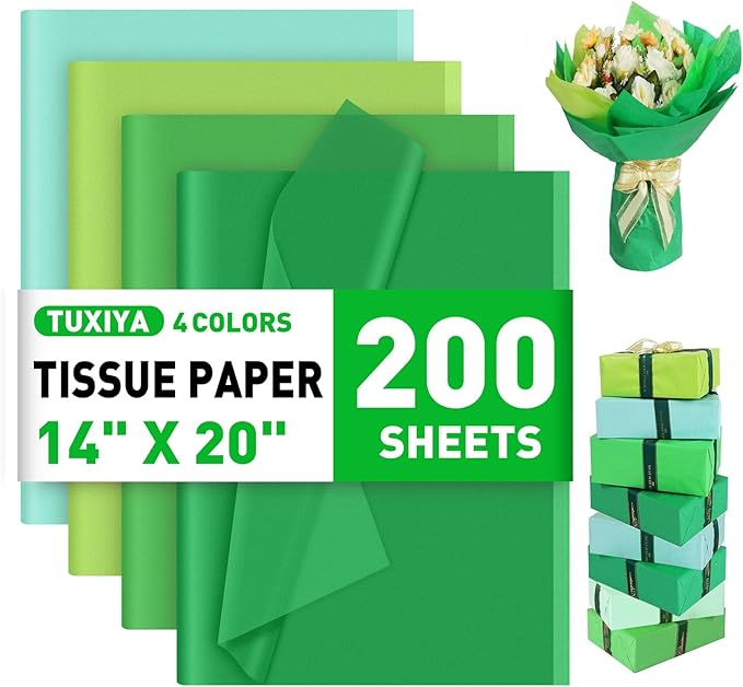 TUXIYA 200 Sheets Green Tissue Papers for Gift Bags,14 X 20Inch Mixed Green Wrapping Tissue Paper Bulk for St. Patrick’s Day,Birthday Party Flower Decoration, Colored Tissue Paper Bulk for Packaging