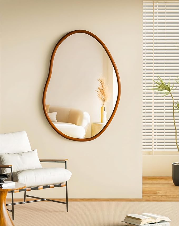 Irregular Wall Mirror Asymmetrical: Abstract Wood Frame 32x22 inch | Unique Vanity Glass Mirrors, Cloud-shape, Horizontal Vertical Hanging, Sleek Entryway Accent