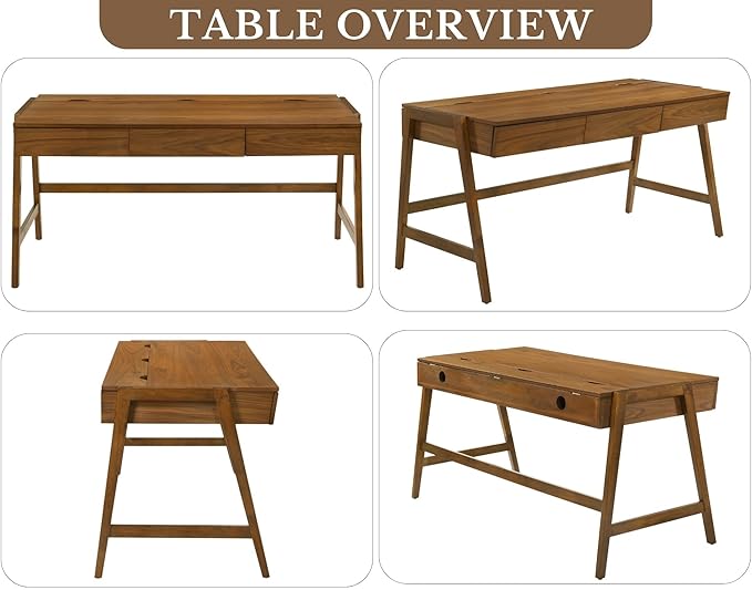 HNY 59 Inches Walnut Wooden Writing Desk with 3 Drawers, Computer Study Table with MDF Top, Solid Rubberwood Legs and Hidden Cable Management Holes, Corner Makeup Vanity Desk for Home Office, Bedroom