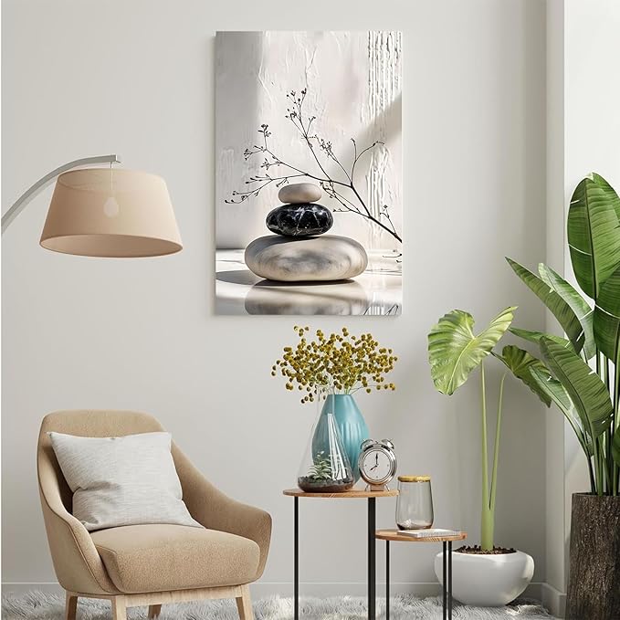 Gray and black stone pile and dried flowers poster canvas wall art in harmony Minimalist wall art for tranquil homes and mindful spaces 24x36in Frameless