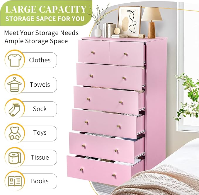 Karl home Pink 7 Drawer Dresser for Bedroom, Tall Dresser Chest of Drawers, Rustic Wood Bedroom Dressers Clothes Organizer, Anti-Tipping Device, Rose Gold Metal Handle, Living Room, Entryway, Office
