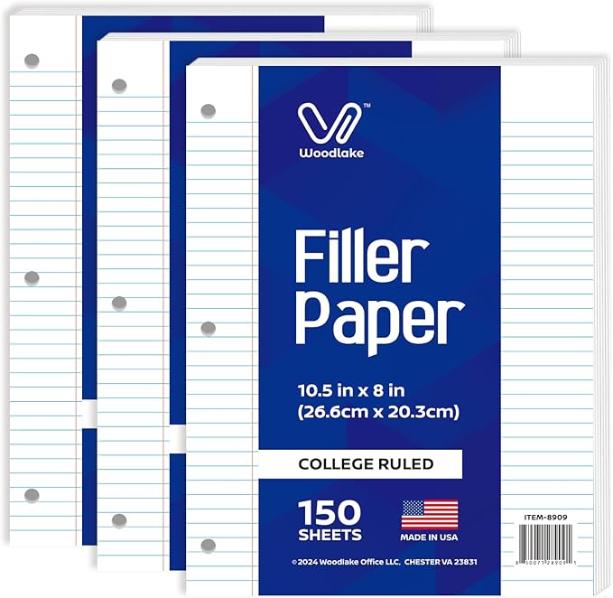 Woodlake Loose Leaf Paper, College Ruled Notebook Paper, 8 x 10.5”, 150 Sheets per Pack, 3 Pack Bulk Lined Filler Paper, 3 Hole Punched, 60gsm, Made in USA