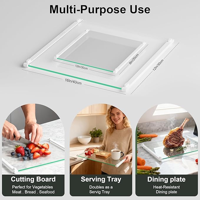 2PCS Glass Cutting Board with Silicone Grip, 80% Stronger Shatter Resistance and Slip Resistance,No Scratches/Microplastic-Free,Dishwasher Safe, Non Toxic Chopping Board for Kitchen (White)