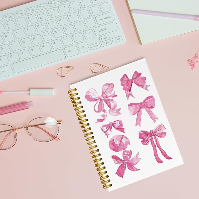JKBMN Trendy Coquette Pink Bow Notebook Journal, Preppy Watercolor Bows Spiral Notebook, Cute Journaling Notebooks for Girls, Pink Office Supplies, Hardcover Spiral Notebooks College Ruled 5.5 x 8.3