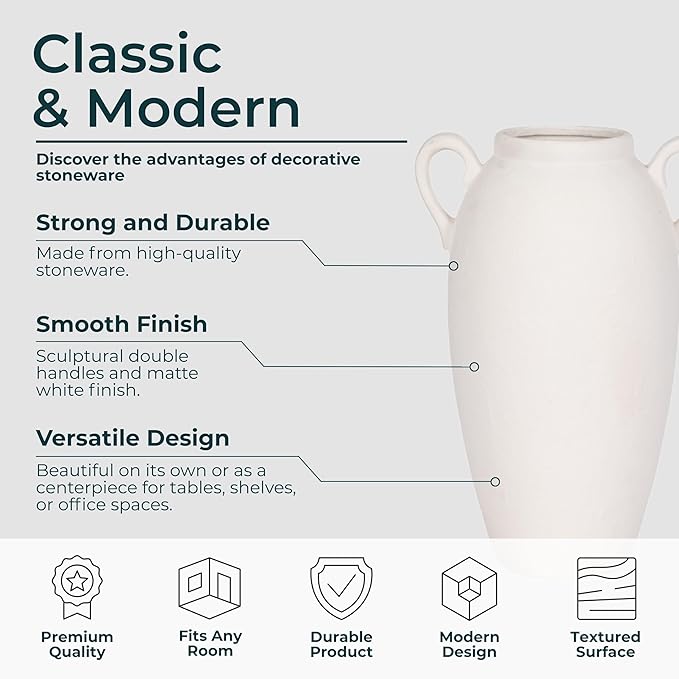 Textured Jug Tall Floor Vase – Ceramic Stoneware Decorative Vases for Home Decor – Modern Centerpiece for Living Room, Bedroom, Office, Table & Floor Display – 16", White