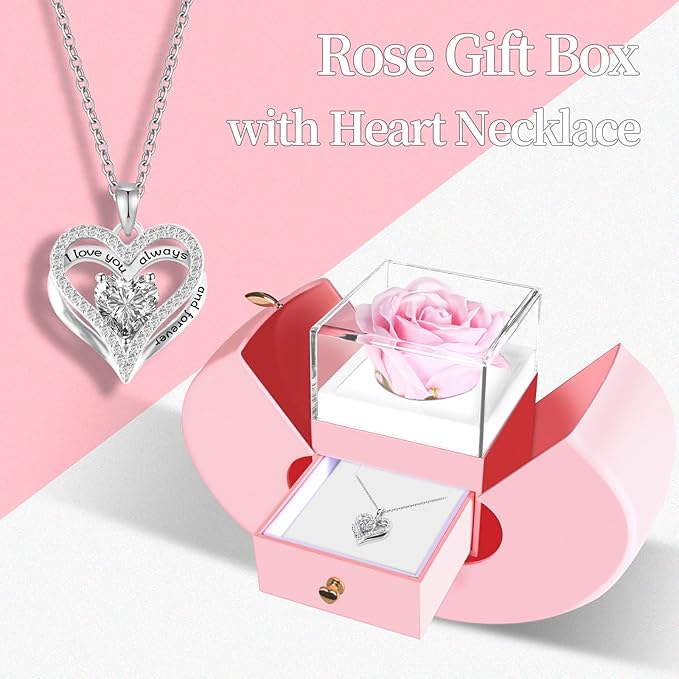 Preserved Real Pink Rose with S925 Sterling Silver Necklace, Gifts for Girlfriend, Women,Wife, Mom,Grandma on Christmas, Valentine's Day, Mother's Day, Birthday, Anniversary, Thanksgiving (Pink)