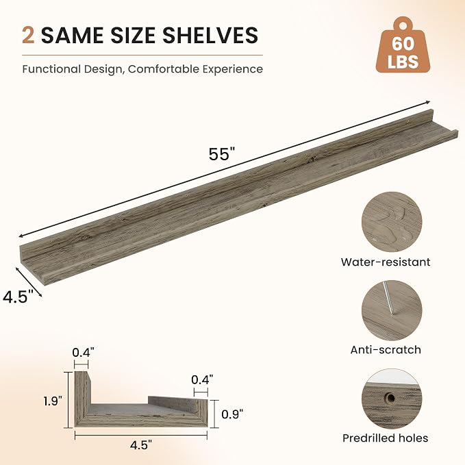 Dreamland Picture Ledge Shelf for Wall, Floating Shelves Set of 2,55 inch Long Floating Shelves with Lip for Living Room,Bedroom,Bathroom,Kitchen,Grey
