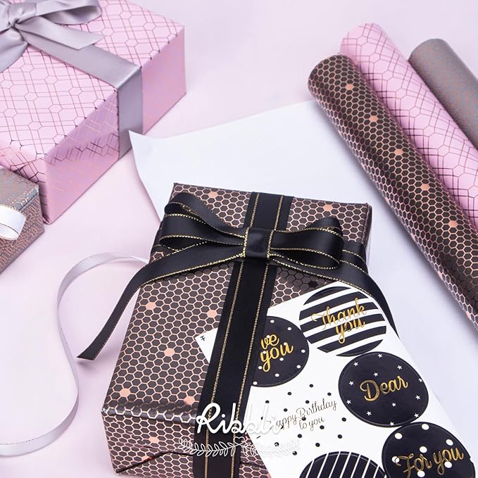 Ribbli Rose Gold Pink Birthday Wrapping Paper Mini Roll, 3 Rolls Grey Pink Black Geometry Pattern with Rose Gold Foil for Valentines Day Mothers Day Wedding - 17 inch x 120 inch(10feet) Per Roll