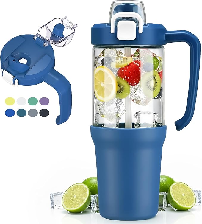 32oz Glass Water Bottle, 2-in-1 Straw and Sip Spout Lid, Leakproof Wide Mouth Tumbler with Handle, BPA-Free Reusable Bottle for Sports, Office, Outdoor, DBlue