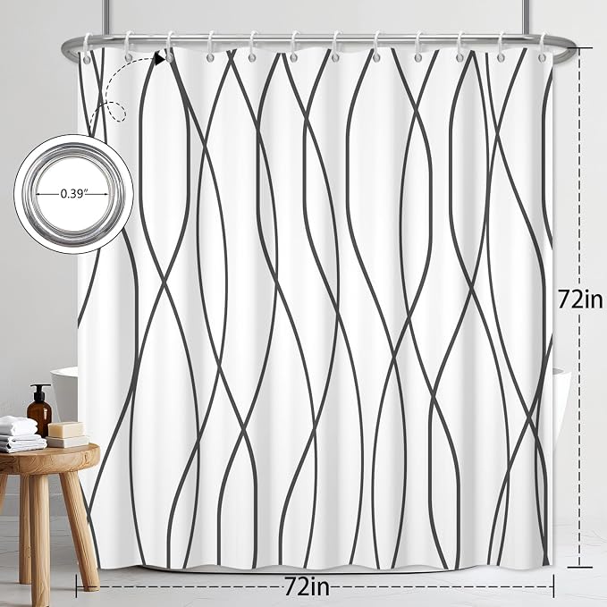 Grey and White Striped Shower Curtain, Abstract Geometric Modern Minimalist Shower Curtains for Bathroom with Hooks, Hotel Style Waterproof Fabric Shower Curtain Set, Weighted Hem, 72x72 Inch