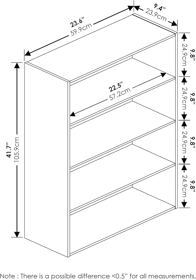 Furinno PASIR Book Shelf, 4-Tier Bookshelf, Bookcase with Open Shelf, 9.4 x 23.6 x 41.7, for Living Room, Bedroom, Home Office, French Oak