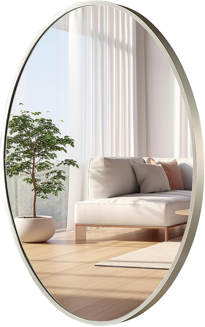Oval Wall Mirror, 26"x38" Brushed Nickel Vanity Mirror, Bathroom Mirror of Metal Frame, Home Decorative Wall Mounted Mirror for Bathroom, Living Room, Entryway, Vanity