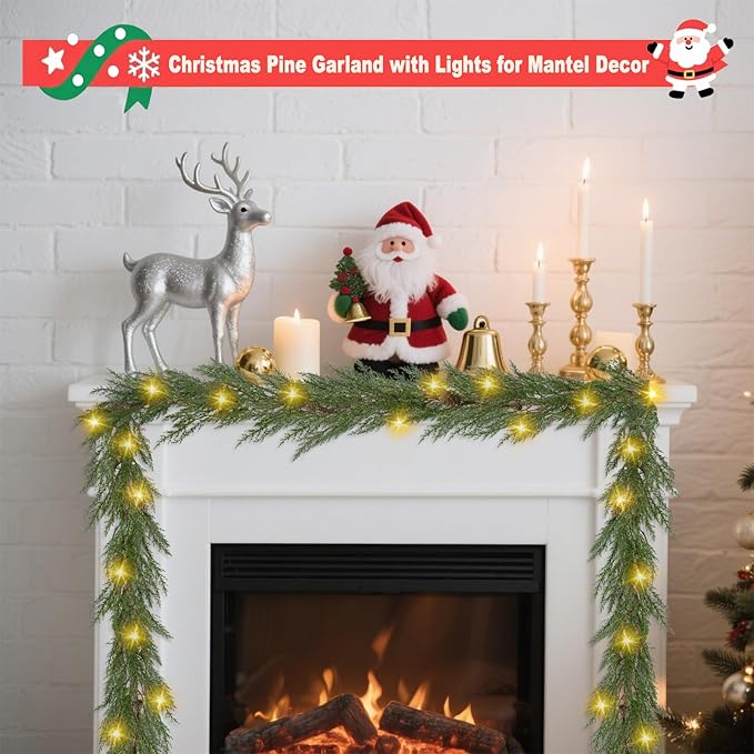 Artgar Christmas Cedar Garland, 6 Ft Realistic Pine Garland, Prelit Christmas Garland with 30 Warm Lights with 8 Light Modes for Mantels Stair Table Indoor Outdoor Winter Xmas Decor (Green)
