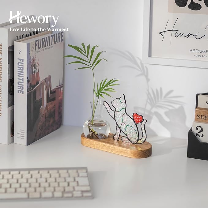 Hewory Handmade Cat Propagation Stations: Iridescent Stained Glass Cat Planter Pot with Wooden Stand for Desktop Decor for Plant Lovers Women