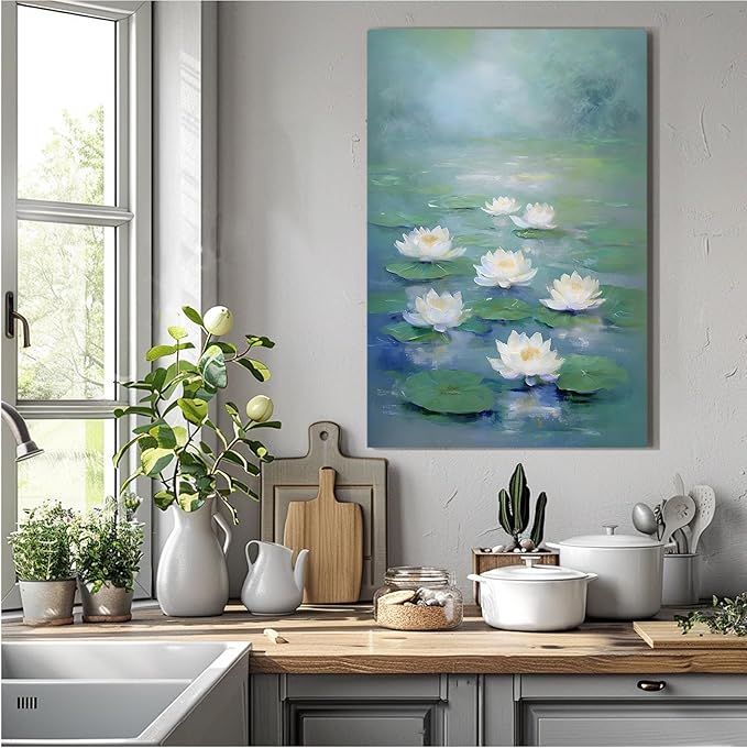 Zen wall art Delicate white lotus flower floating on calm water Vintage oil painting print Serene aquatic wall art creates a tranquil home decor 8x12in Wood Framed
