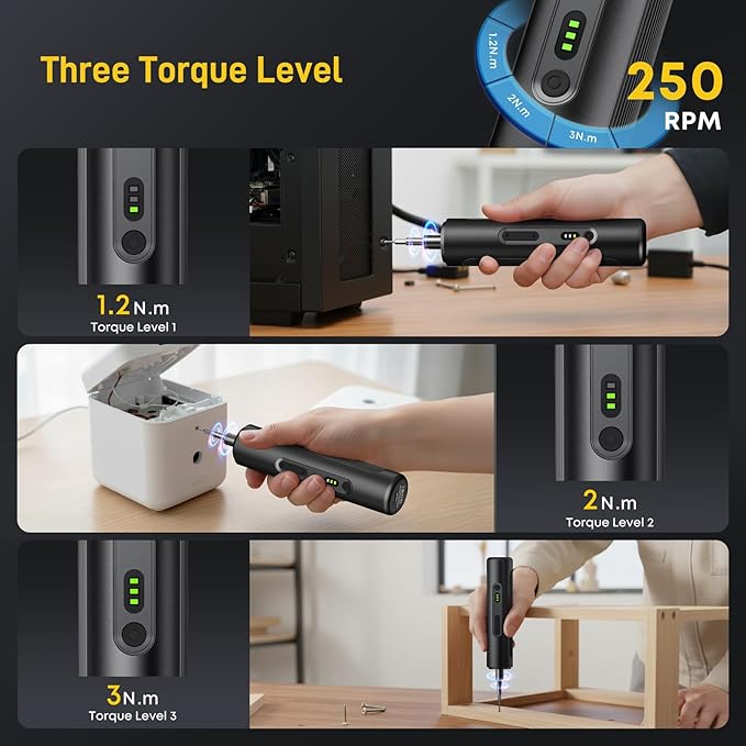 MrToNo Electric Screwdriver, Cordless Screwdriver Set, Power Screwdriver Set, 3 Torque Settings, 1500mAh Battery, 33 Magnetic Bits, LED Light, Rechargeable Tool for Furniture, DIY, Household Repair