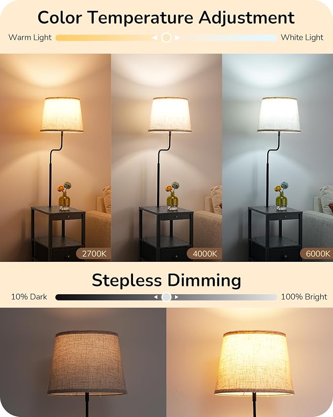 EDISHINE Floor Lamp with Table, USB-A+Type-C Port, Dimmable Bedside Floor Lamp with Shelves, Farmhouse Remote Nightstand Light for Living Room, Bedroom, Den, Office, Bulb Included, Black
