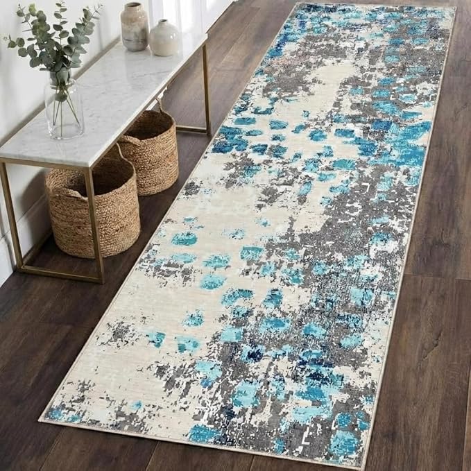 GAOMON Washable 2x6 Rugs Modern Abstract Colorful Carpet Runner Non Slip Hallway Rug Low Pile Boho Chic Watercolor Design Long Rug for Bedroom Kitchen, Blue/Grey