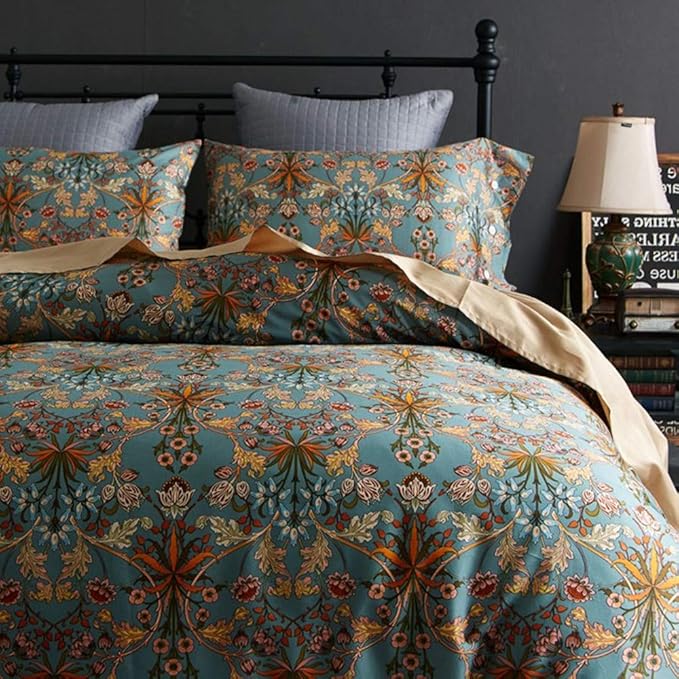 VM VOUGEMARKET Bohemia Duvet Cover Set King,3 Piece Long Staple Cotton Comforter Cover with Zipper Closure,Green Golden Elegant Bedding Set-Carol,King