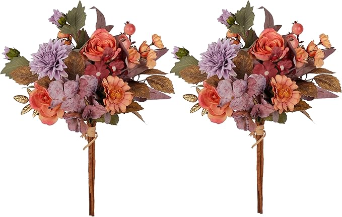 Set of 2 Fall Themed Artificial Flowers Bouquets for Fall Decor, Life-Like Autumn Colored Faux Peonies Dahlias Daises Berries Bouquets for Vase, Fall Floral Arrangement for Home Table Centerpiece