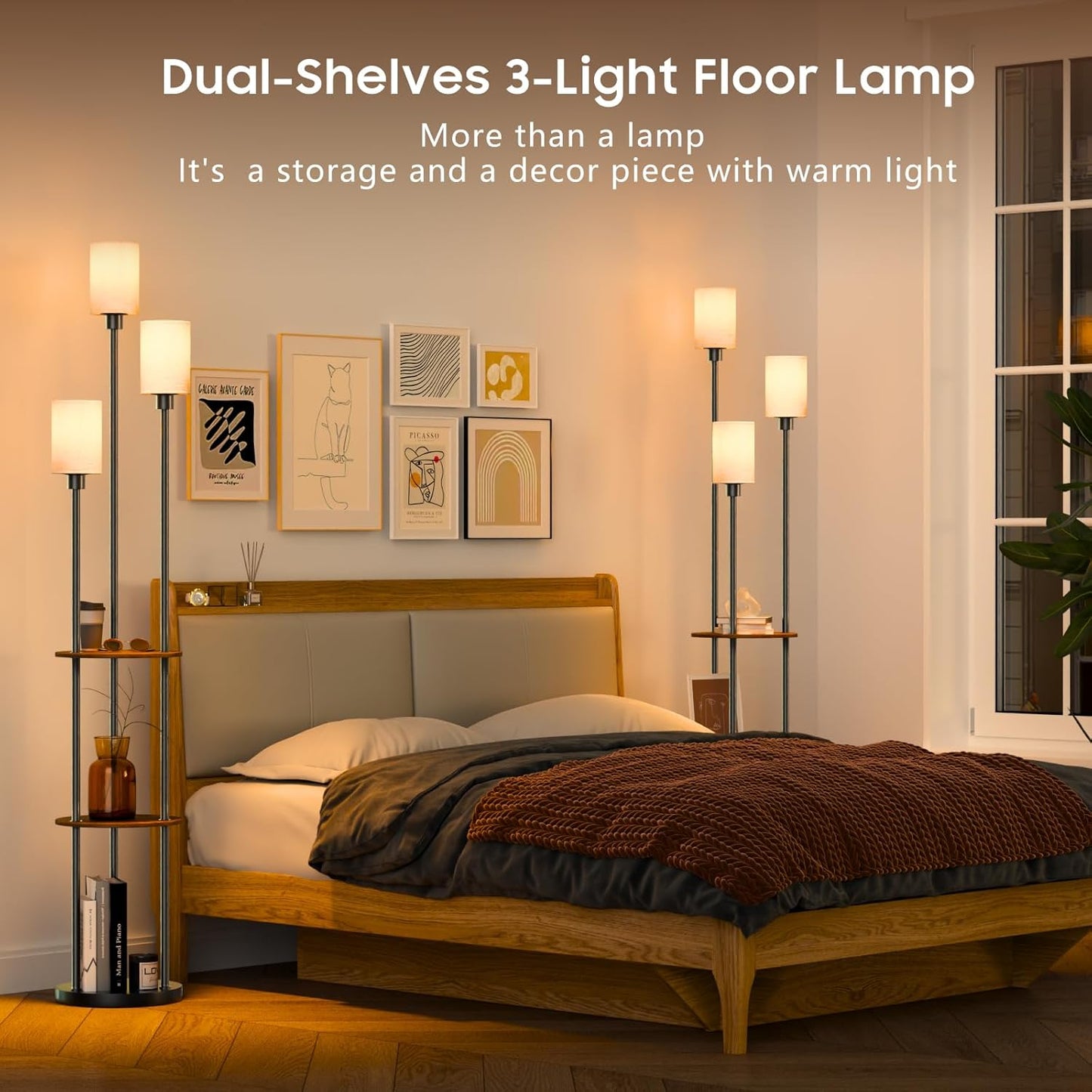 Skiennix Rustic Floor Lamp - 3-Light Standing Lamp with Shelves & Foot Switch | 71" Tall, Black-Liner
