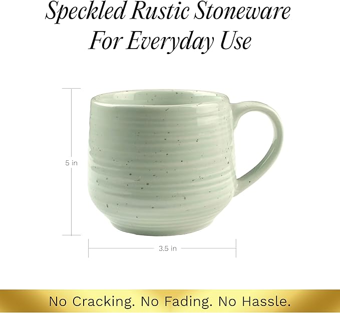 Sango Siterra Artist's Blend 17 oz. Stoneware Mug Set- Service for 4, Rustic Design, Green/White/Beige, Scratch-Resistant, Microwave & Dishwasher Safe, for Everyday Dining & Entertainment