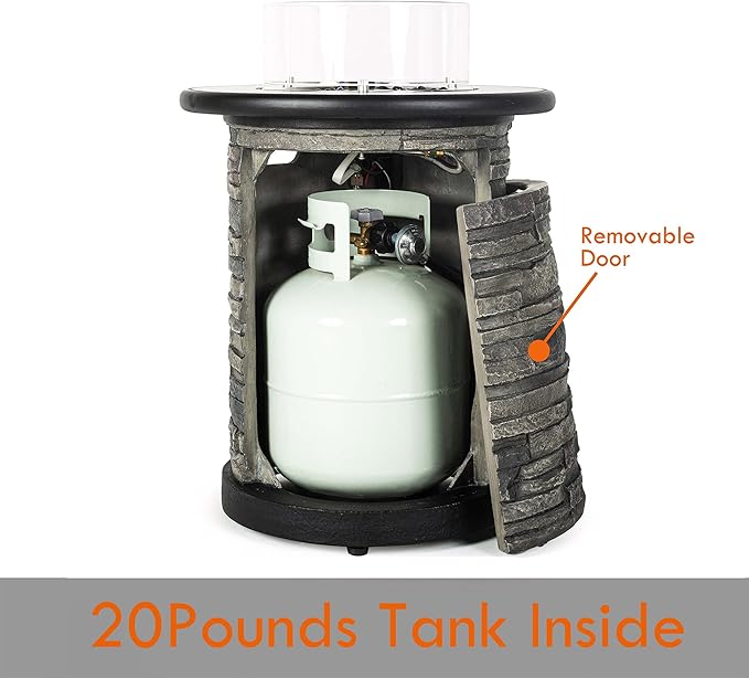 BAIDE HOME Outdoor Propane Fire Pit Table, Round Porcelain Tile Top 22" Fire Bowl Column W/ 40,000 BTU Firepit Table Auto-Ignition 400D Cover Glass Rocks for Outside Patio