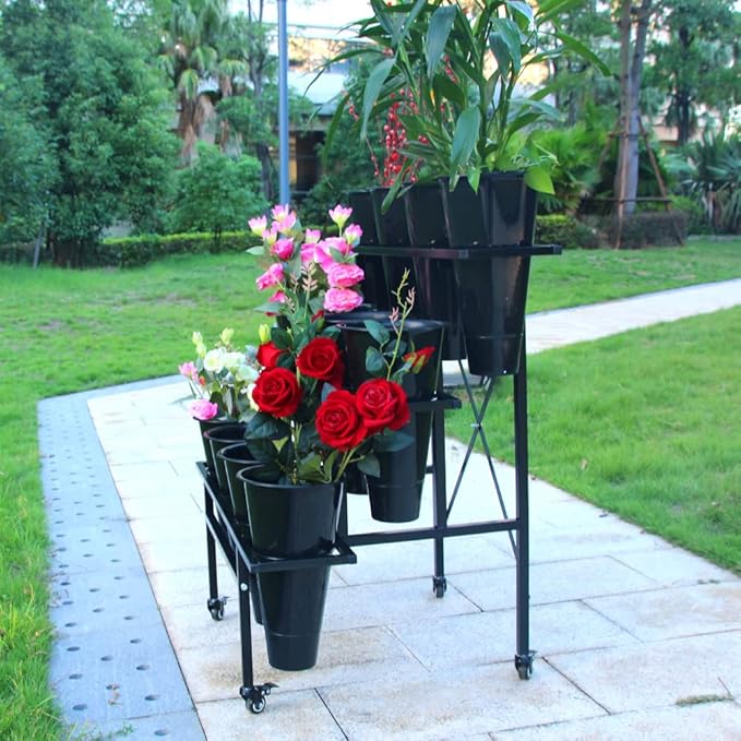 Zhongma 3 Tier Metal Flower Display Stand with 12pcs Plastic Buckets for Fresh Flowers Heavy Duty Garden Cart Moving Flower Bucket Stand with Wheels