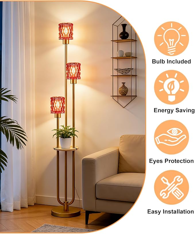 62IN Gold Floor Lamp with Deep Red Glass Shade 3-Lights Mid-Century Modern Farmhouse Floor Lamps with 3000K Warm White Bulbs, Tall Standing Lamp with 5Lbs Heavy Base for Living Room/Bedroom