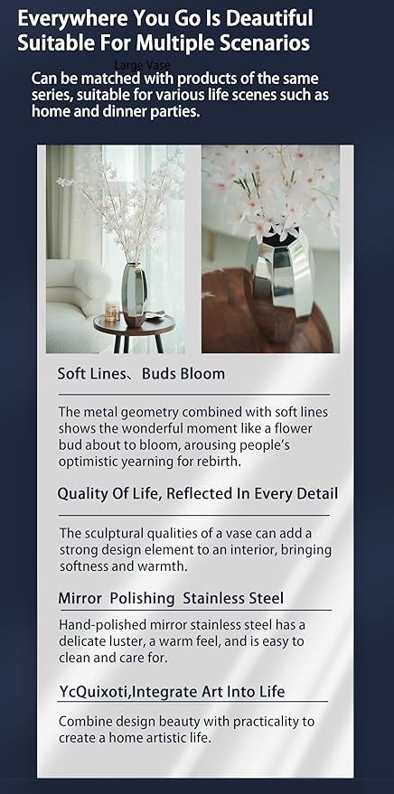 YcQuixoti Large Silver Prismatic Mirror 18/8 Stainless Steel Metal Vase 12.09 inches Tall. Ideal for Dried Flower Arrangements Decor Gift for Spa Wedding Home or Votive Candle Candle Gardens