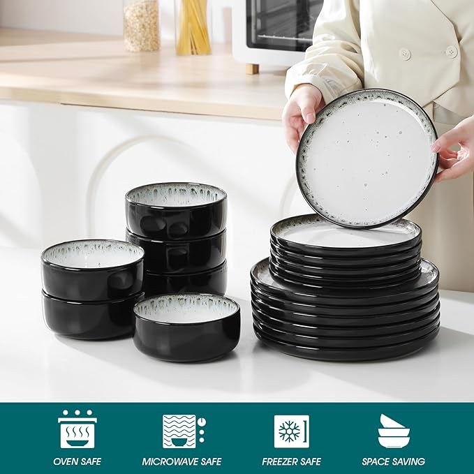 vancasso PLAYA Plates and Bowls Sets, 18 Pieces Beige Dinnerware Sets for Kitchen, Reactive Glaze Dishes Set for 6, Dishwasher and Microwave Safe