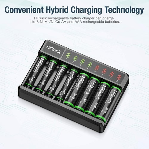 HiQuick 8-Bay Smart Charger - Fast Charging with 4 x 2800mAh AA & 4 x 1100mAh AAA Rechargeable Batteries