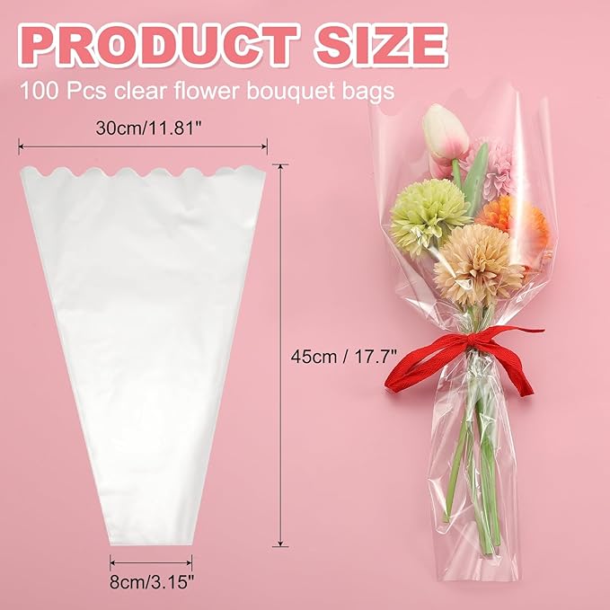 YELARXI Clear Flower Wrapping Bags, Transparent Flower Packaging Bag Waterproof Durable Bouquet Sleeves - Fitting for (Florists/Floral Arrangements Supplies), 11.8x3.1x17.7 Inch & 100Pcs