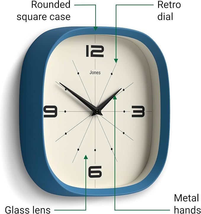 JONES CLOCKS® Pulsar wall Clock | Square Rounded Retro Clock | 10 inch | Blue | Cool Designer Look for Kitchen, Living Room or Office