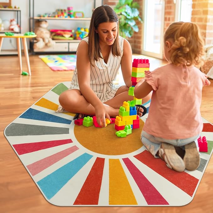 STARUIA Rainbow Machine Washable Rug for Playroom Kids Room, 4'x 4'7" Boho Sun for Girls Boys, Non-Slip Sunshine Carpet Small Play for Classroom Reading Corner Dorm