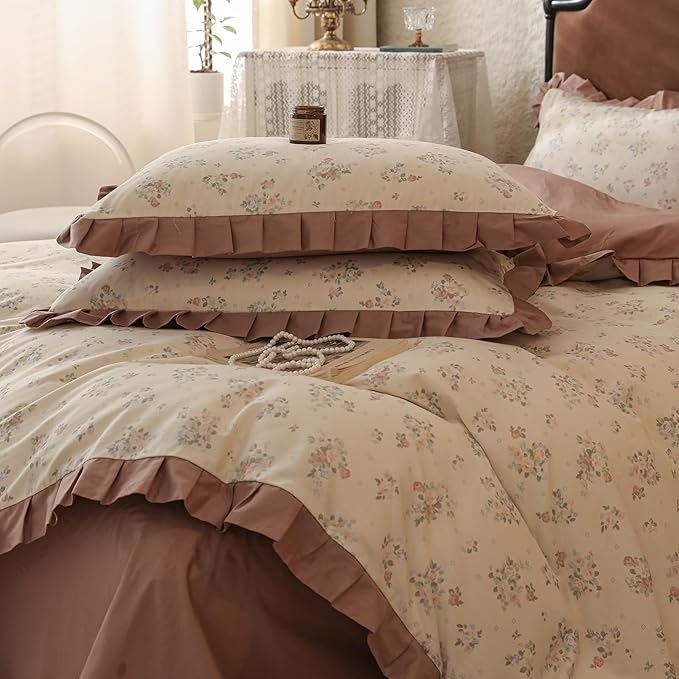Rose Flower Duvet Cover Twin Girls Romantic Floral Bedding Set with Dusty Pink Ruffles 100% Cotton Floral Comforter Cover 1 Twin Duvet Cover with 2 Pillowcases Botanical Flower Ruffle Bedding Set
