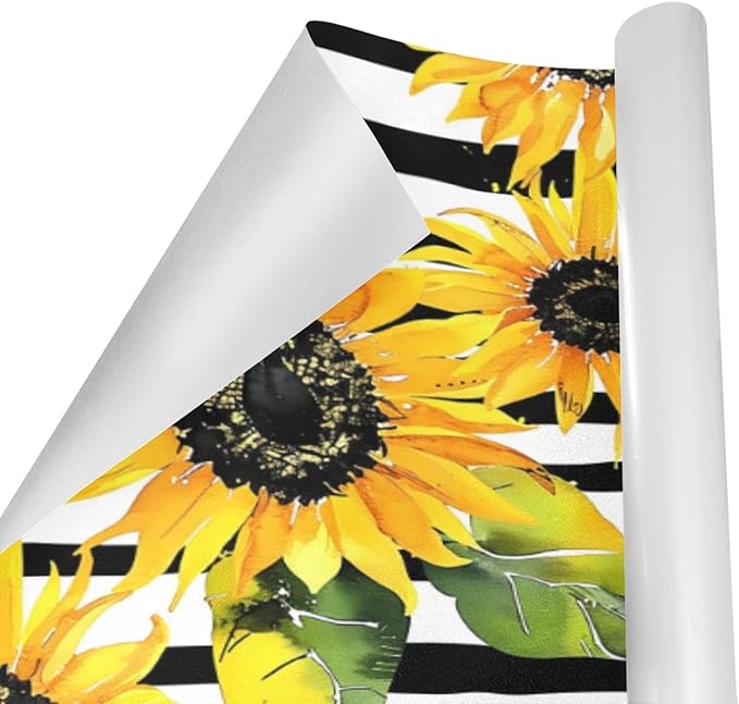 Sunflower Stripes Wrapping Paper 58x22.8 Inch Waterproof Holiday Gift Wrap Flower Floral Christmas Thanksgiving Birthday Presents Wrapping Paper