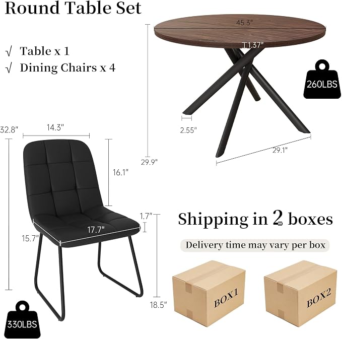 HIPIHOM 45.3 Inch Round Dining Table Set for 4, Mid Century Modern MDF Coffee Set for Dining Room Kitchen Apartment (Dark Walnut Table + 4 U-Shaped Black Chairs)