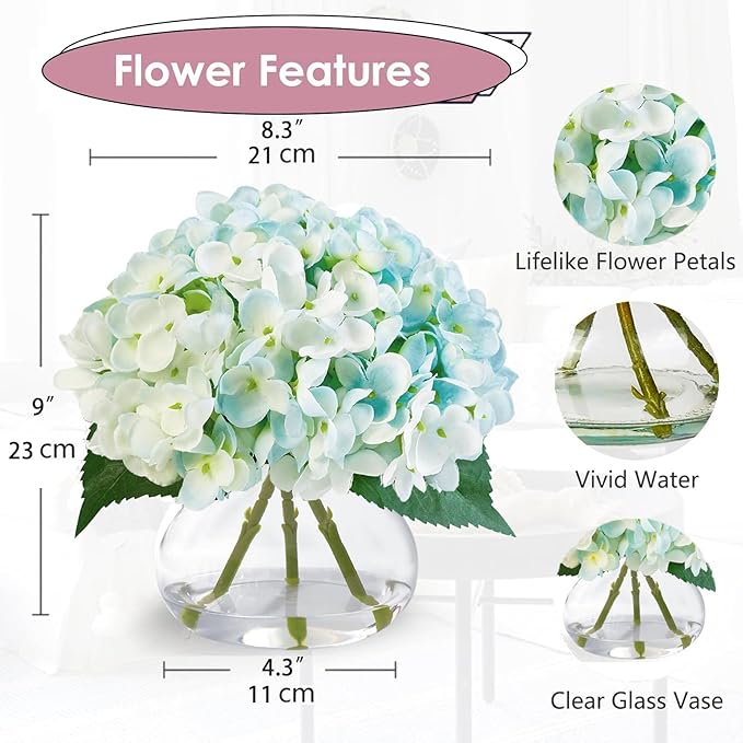 Hydrangea Artificial Flowers in Glass Vase, Blue Silk Fake Flowers Silk Centerpiece Table Decorations for Dining Room， Coffee Table Decor，Wedding, Home with Faux Water Decor（Light Blue）