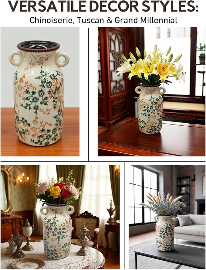 Vintage Ceramic Flower Vase Home Decor - Tabletop Rustic Tall Vase for Decor Living Room Bookshelf Office Kitchen Farmhouse, White Vases for Bouquet, Symmetric Holes | Grand Millennial | 9.1inch